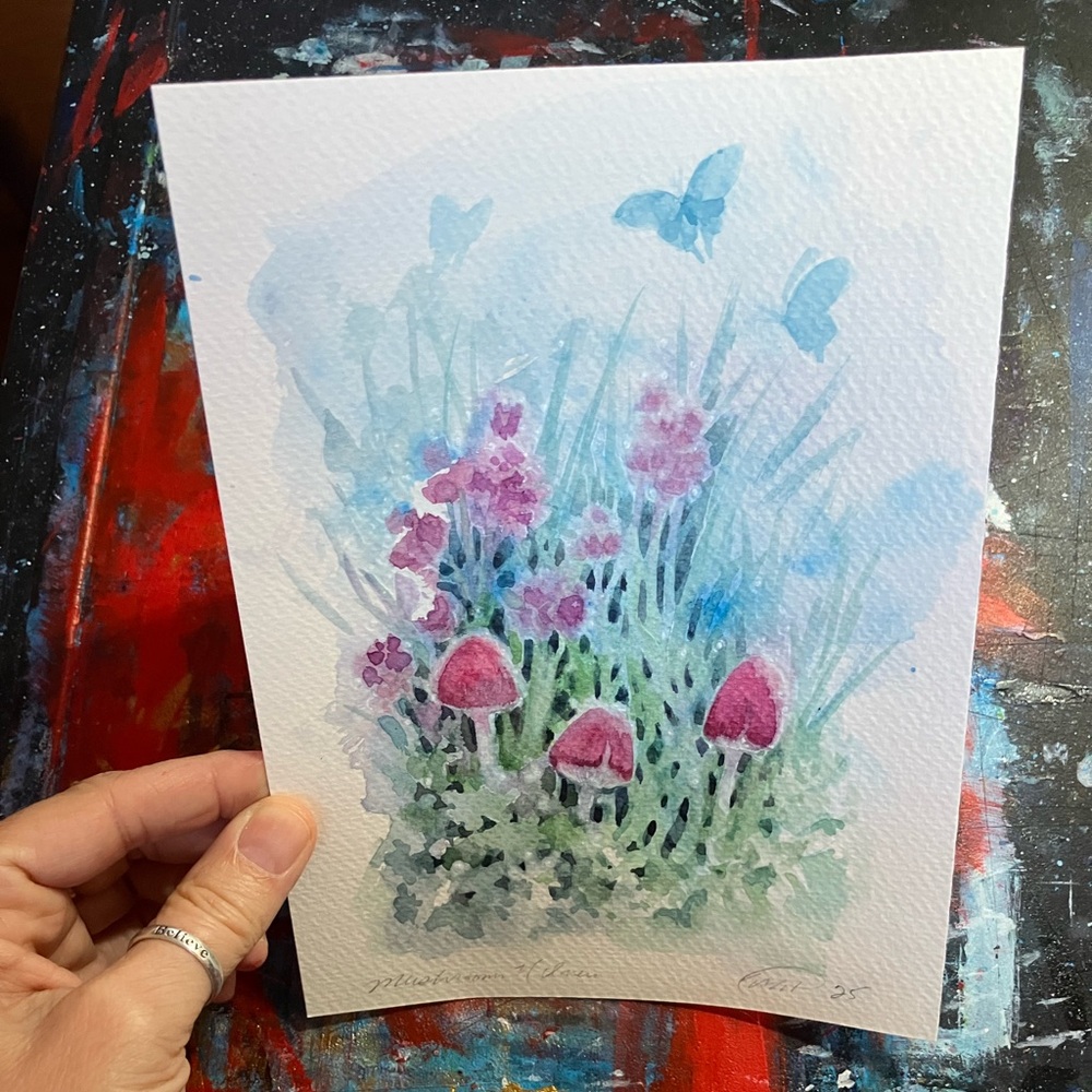 Original Mushrooms butterfly painting floral landscape art nature Artettina USA